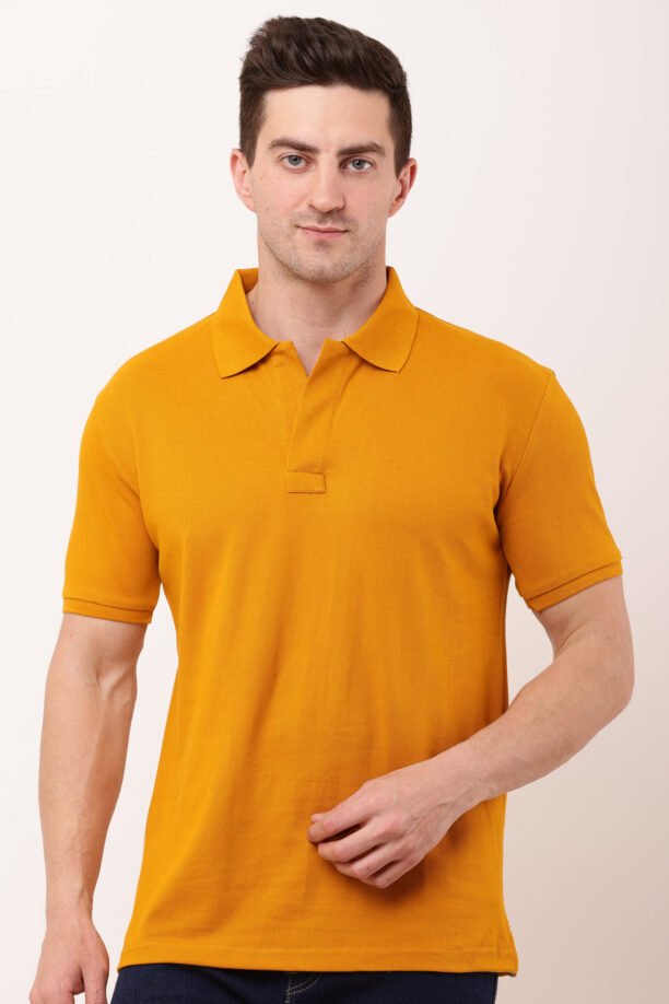 Men Yellow Solid Polo Neck T-shirt - Image 3