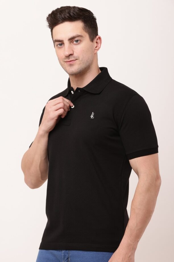 Men Black Solid Polo Neck T-shirt