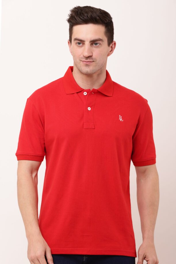 Men Red Solid Polo Neck T-shirt - Image 2