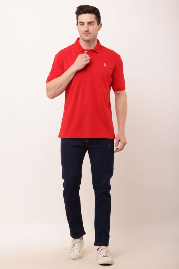 Men Red Solid Polo Neck T-shirt - Image 3