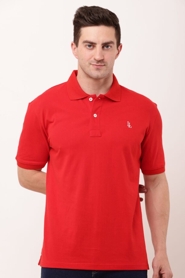 Men Red Solid Polo Neck T-shirt - Image 4